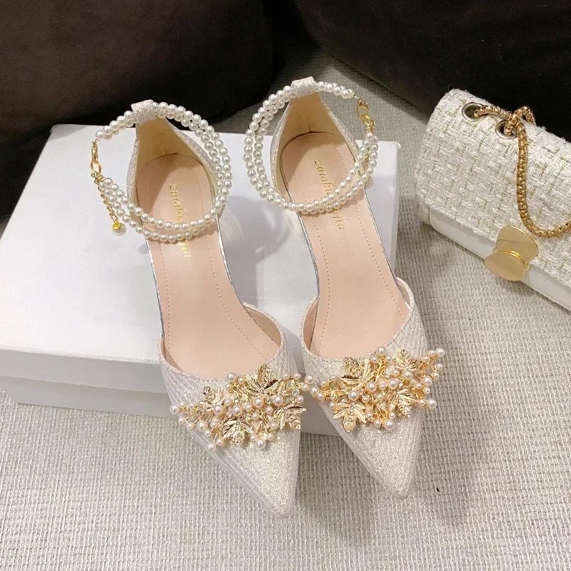 TrenLux Wear Women's Pointed Toe Metal Beaded High Heel Wedding Banquet Pumps