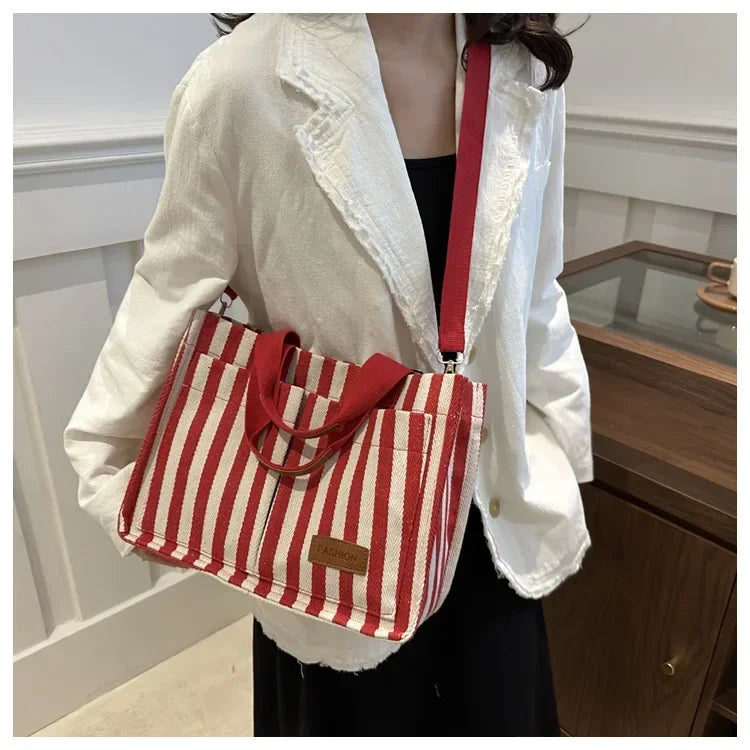 TrenLux Wear Women's Large Capacity Striped Canvas Versatile Commuter & Travel Tote Shoulder Bag