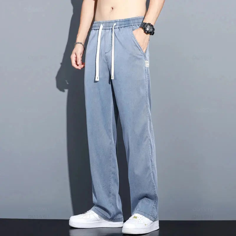 Summer Thin Soft Lyocell Fabric Jeans Men Loose Straight Wide Leg Pants Drawstring Elastic Waist Casual Trousers Plus Size M-5XL OUSSYU Official Store