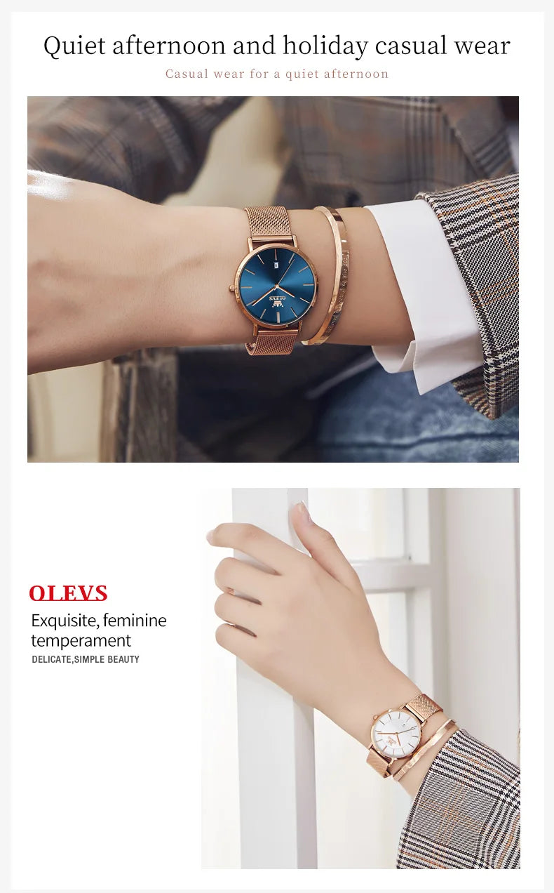 TrenLux Wear OLEVS Women's Rose Gold Luxury Stainless Steel Bracelet Quartz Gift Set