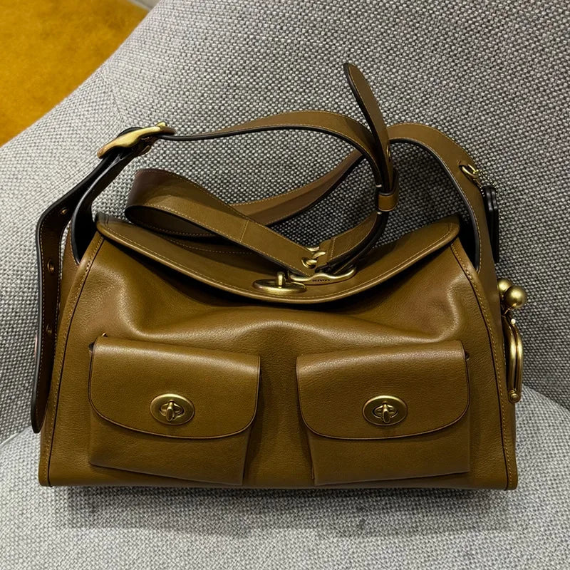 TrenLux Wear Women's Vintage PU Leather Large Capacity Multi-Pocket Zipper Commuting Shoulder Bag