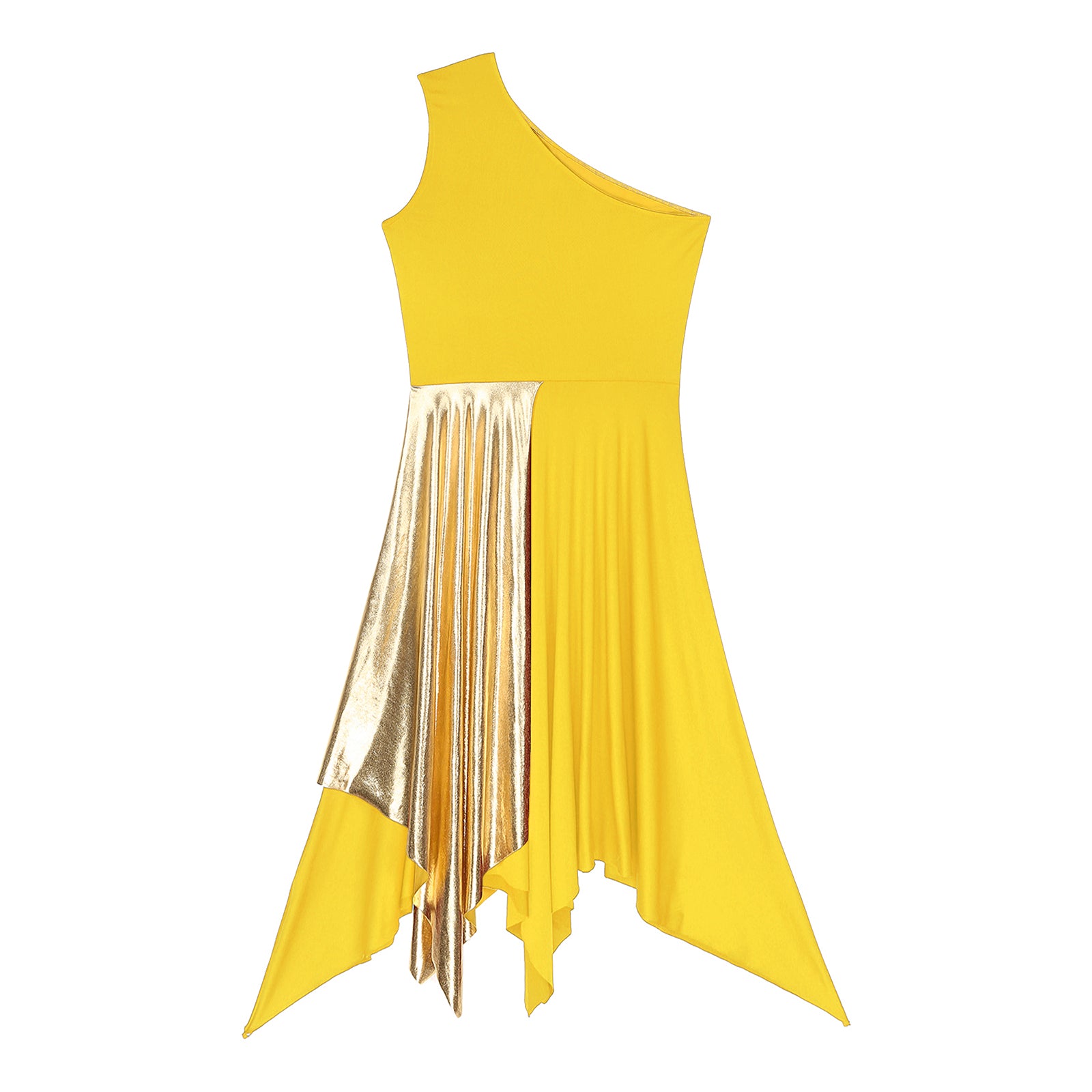 TrenLux Wear Women's Polyester-Spandex One-Shoulder Metallic Lyrical Dance Worship Dress