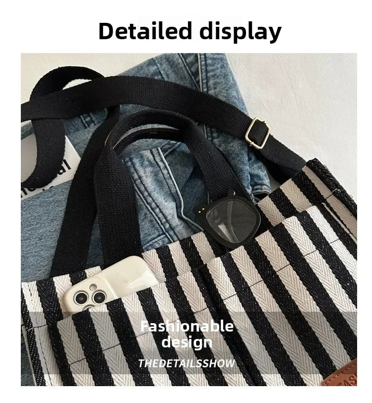 TrenLux Wear Women's Large Capacity Striped Canvas Versatile Commuter & Travel Tote Shoulder Bag